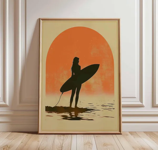 Surf Girl Sunset Poster, Vintage Coastal Wall Art
