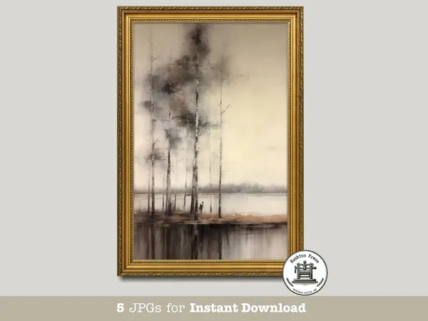 Vintage Lakeside Forest Landscape Art Print, Moody