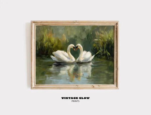 Vintage Swan Couple Art Print, Neutral Farmhouse Decor