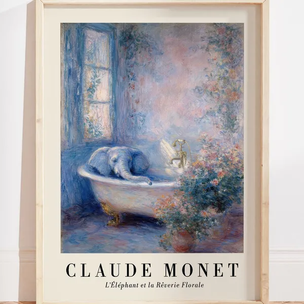 Elephant Bathroom Wall Art, Monet-Inspired Poster