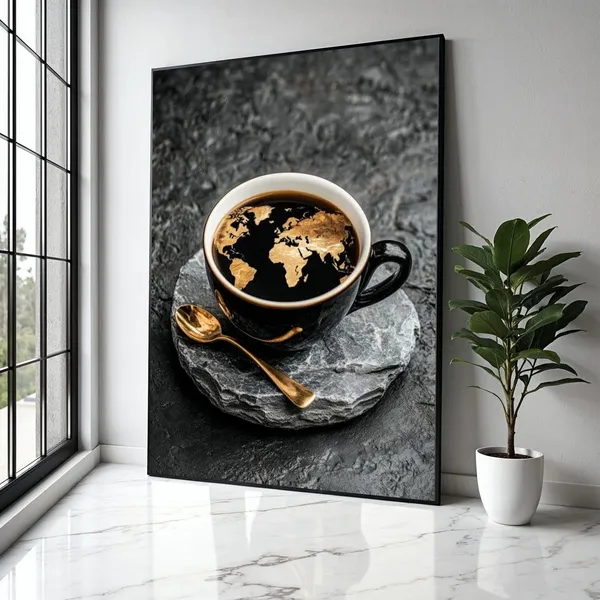 World Map Coffee Art Print, Modern Kitchen Decor