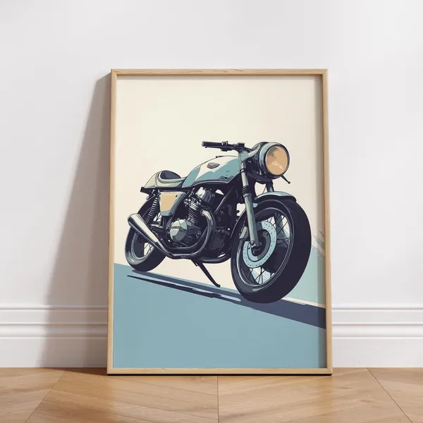 Classic Blue Cafe Racer Motorcycle Vintage Poster