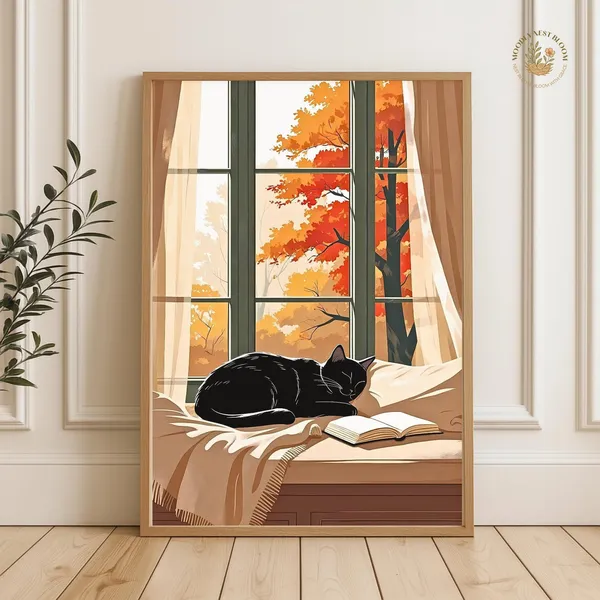 Black Cat Autumn Art Print, Cozy Fall Decor