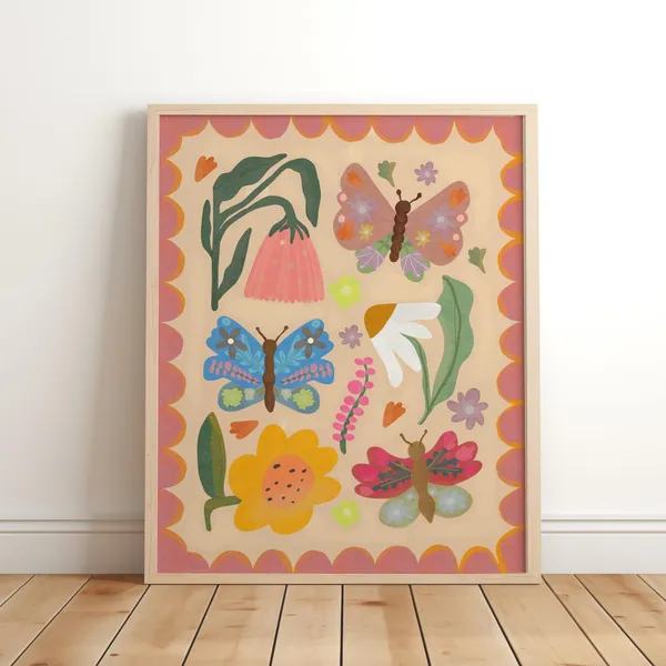 Butterflies and Flowers Botanical Nursery Art Print