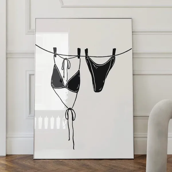 Bikini Print Black White Coastal Poster, Summer Style