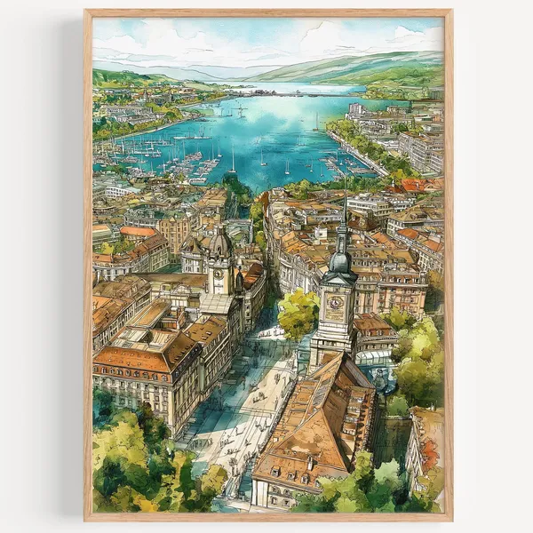 Geneva Watercolor Travel Poster, Switzerland Decor
