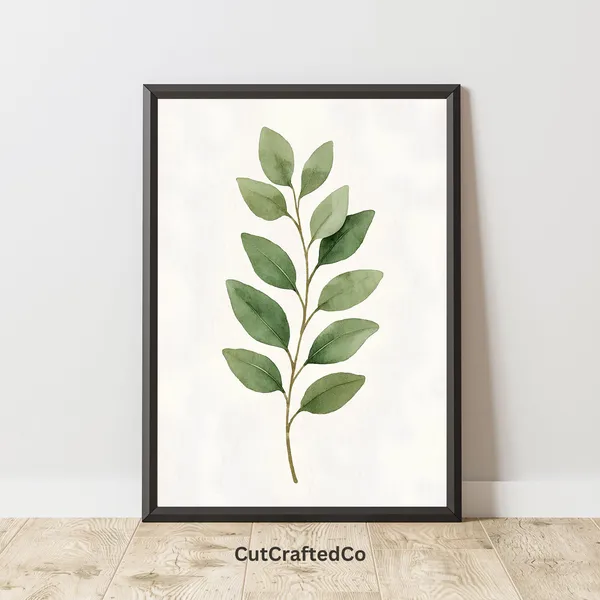 Green Botanical Leaf Print, Minimalist Watercolor Art Print