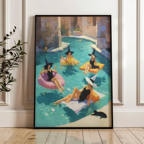Witch Pool Party Poster, Spooky Cute Halloween Print