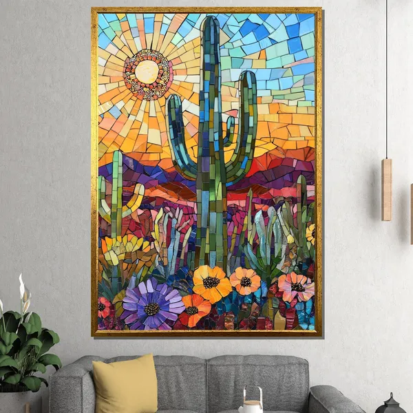 Colorful Cactus Mosaic Art Print, Vibrant Desert Flowers