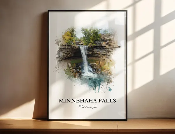 Minnehaha Falls Watercolor Travel Poster, Minneapolis