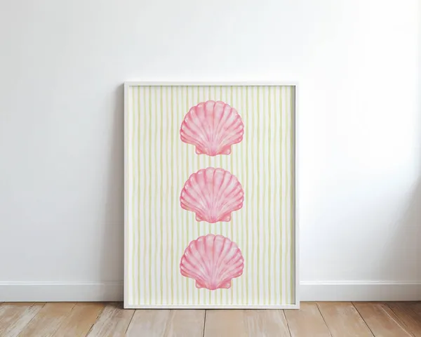 Pink Seashell Yellow Stripe Coastal Wall Art Print