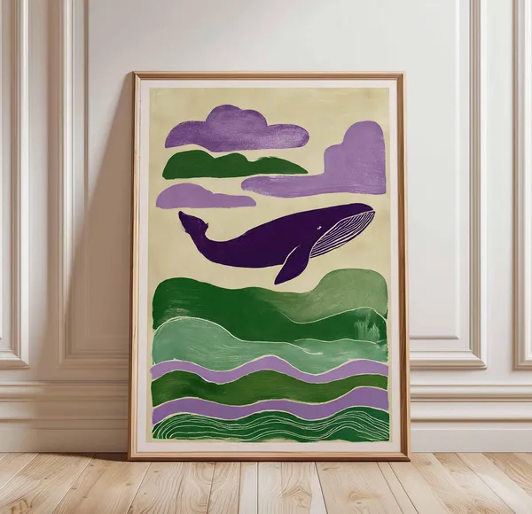 Purple Whale Abstract Ocean Print, Nautical Wall Art