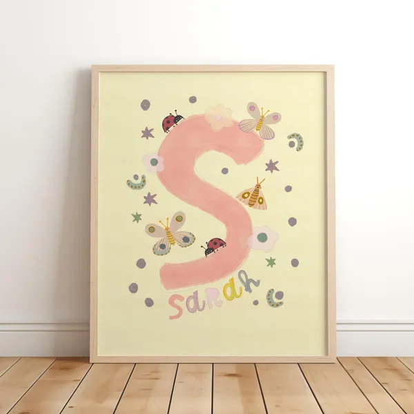 Personalised Girls Name Print, Butterflies & Flowers