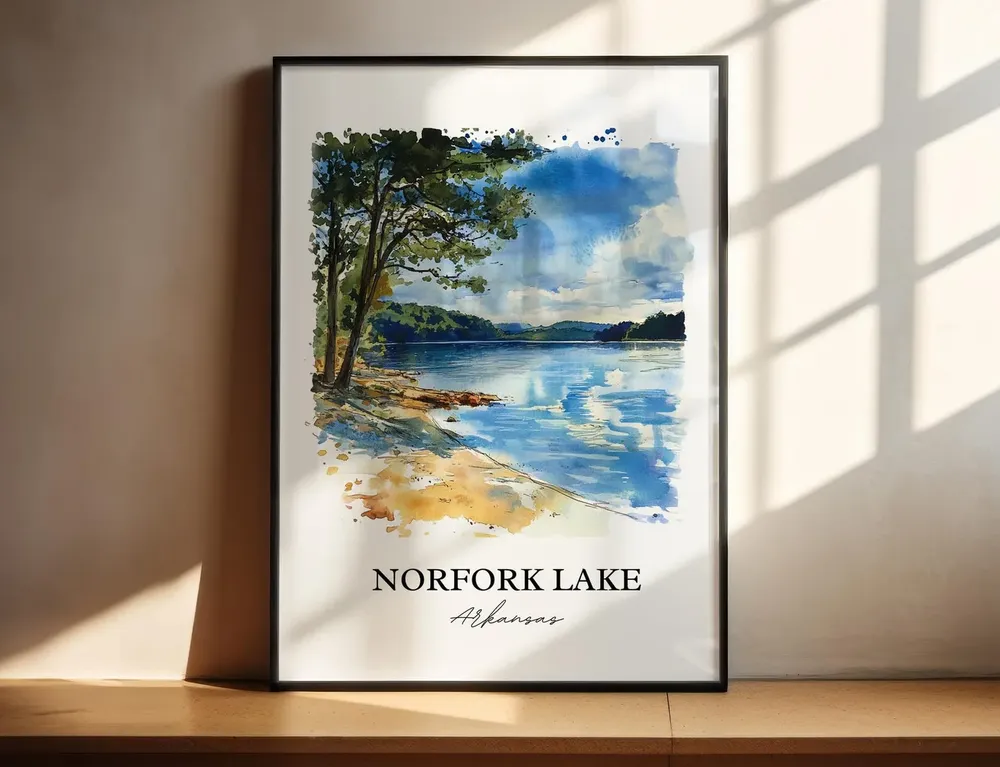 Norfork Lake Watercolor Travel Poster, Arkansas