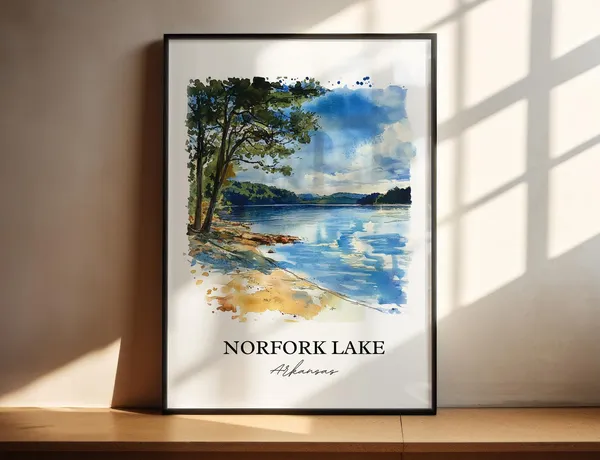 Norfork Lake Watercolor Travel Poster, Arkansas