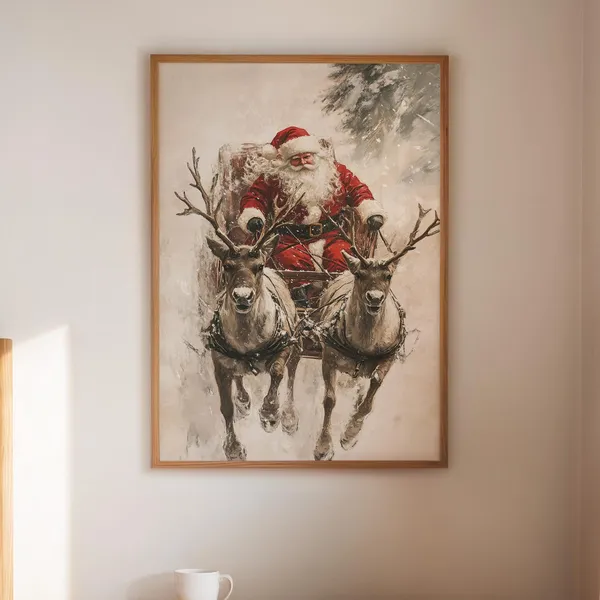 Vintage Santa In Sleigh With Reindeer Christmas Art Print