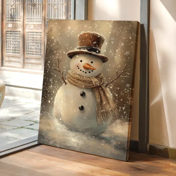 Vintage Snowman Art Print, Cozy Winter Scene