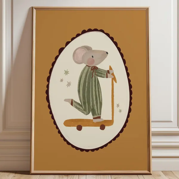 Retro Mouse Scooter Art Print, Cute Nursery Decor