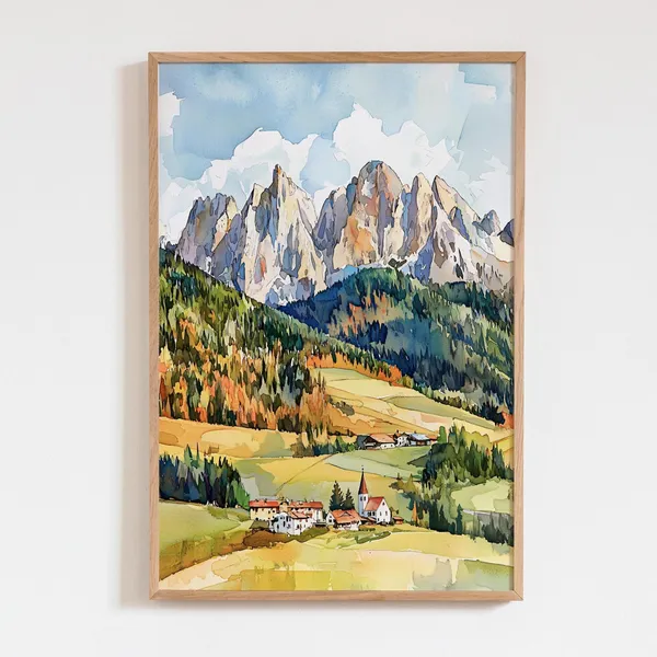 Dolomites Watercolor Art Print, South Tyrol Alps