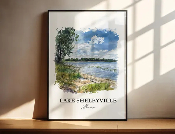 Lake Shelbyville Watercolor Travel Poster, Illinois
