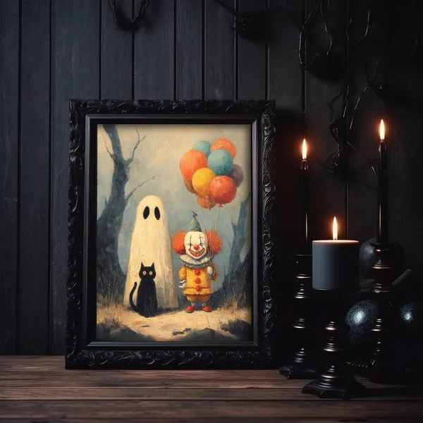 Creepy Clown Black Cat Gothic Halloween Art Print