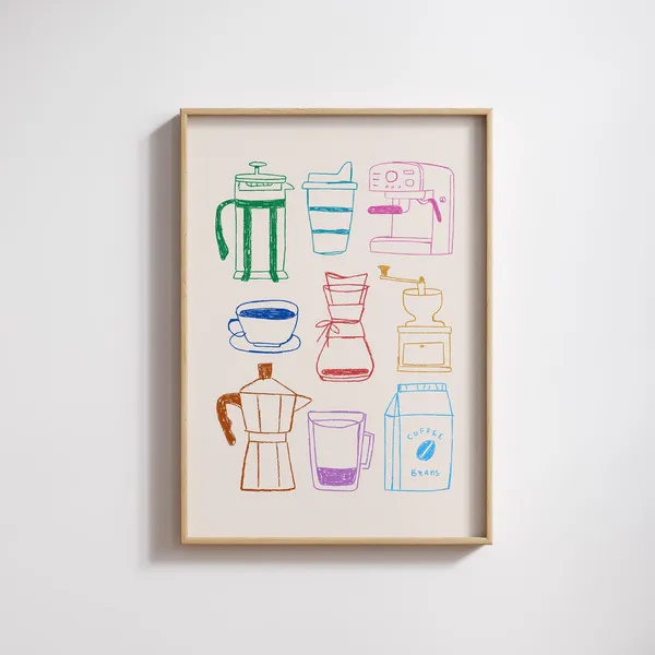 Coffee Bar Art Print, Hand-Drawn Kitchen Poster