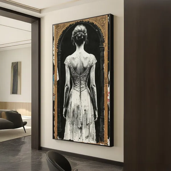 Vintage Woman Back View Portrait, Monochrome Decor