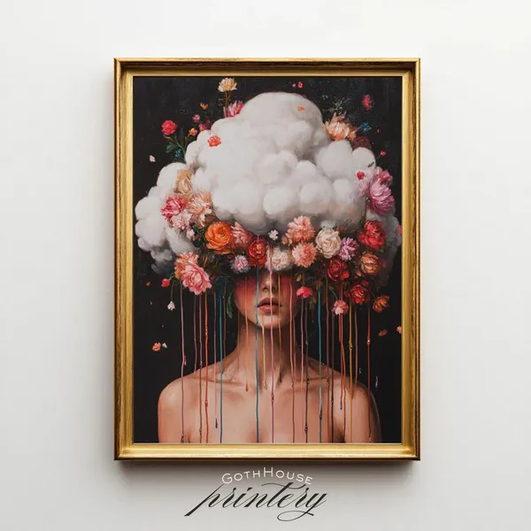 In Clouds Surreal Portrait Floral Woman Art Print