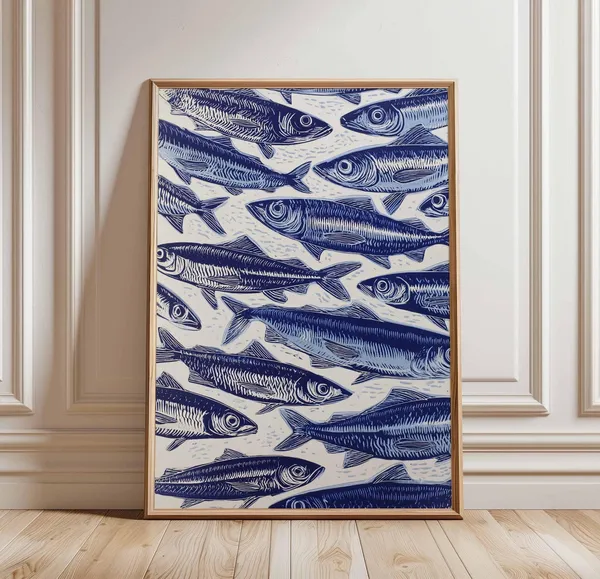 Blue Sardines Fish Art Print, Nautical Kitchen Decor