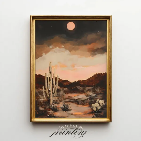 Desert Moon Art Print, Moody Southwestern Cactus