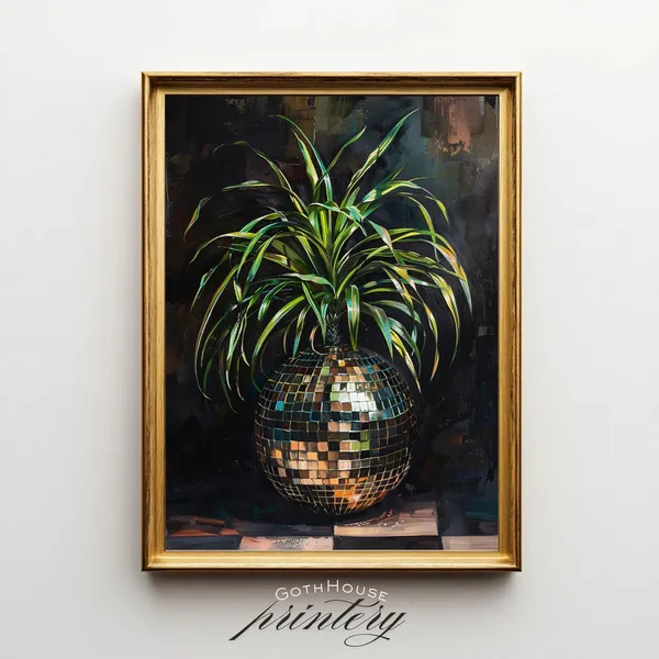Disco Ball Moody Botanical Poster, Maximalist Funky Art