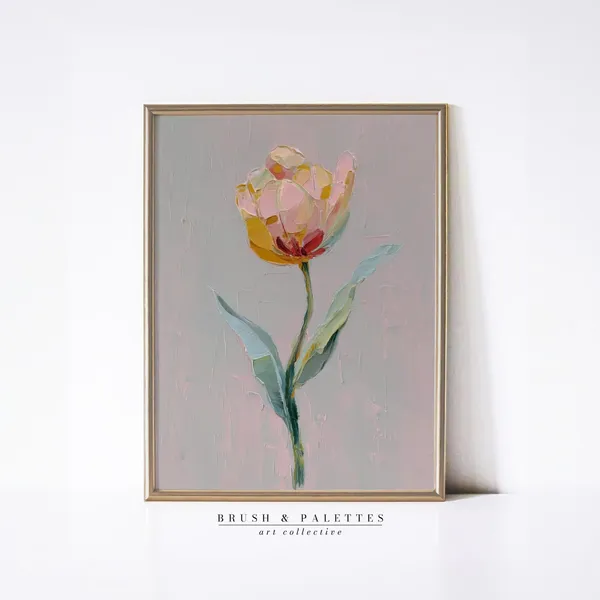 Yellow Pink Tulip Print, Minimalist Floral Decor