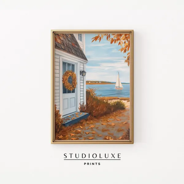 Coastal Fall House Art Print, Nautical Autumn Decor
