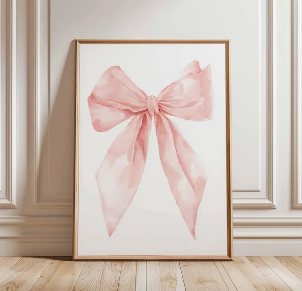 Pink Bow Watercolor Art Print, Girl Bedroom Decor
