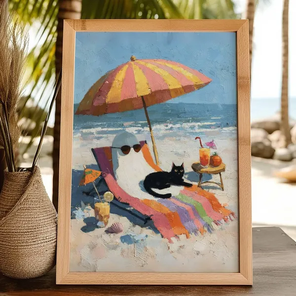 Black Cat Beach Summerween Spooky Cute Art Print