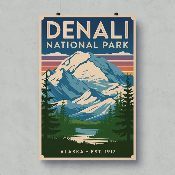 Denali National Park Vintage Alaska Travel Poster
