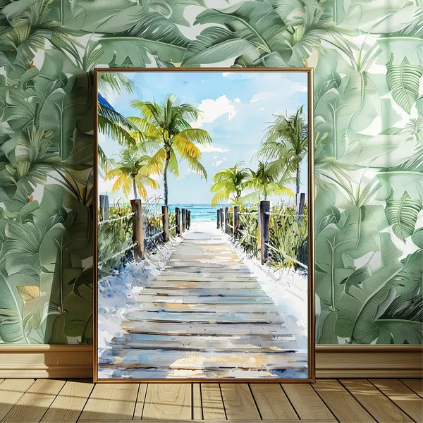 Key West Beach Walkway Watercolor Print, Coastal Scene