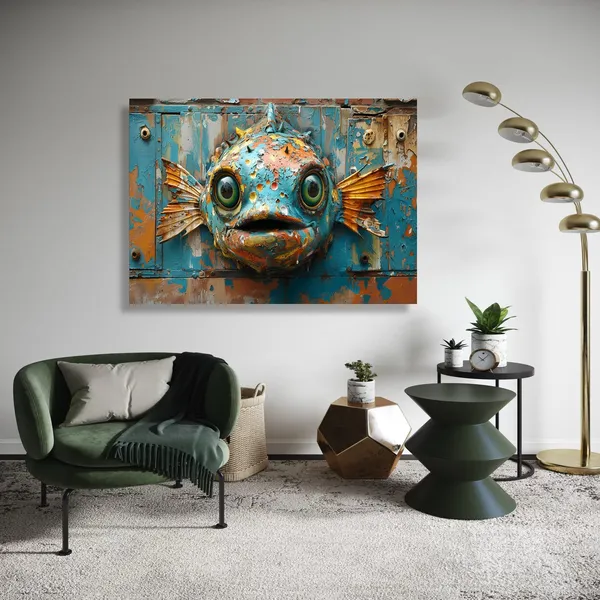 Colorful Steampunk Fish Sculpture, Rustic Industrial Art Print