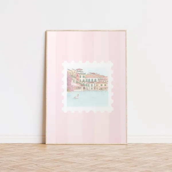 Italy Stamp Print, Coquette Pink Stripes Travel Poster