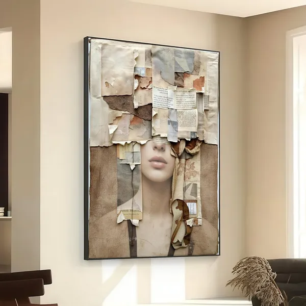 Abstract Collage Portrait, Vintage Paper Texture Art Print