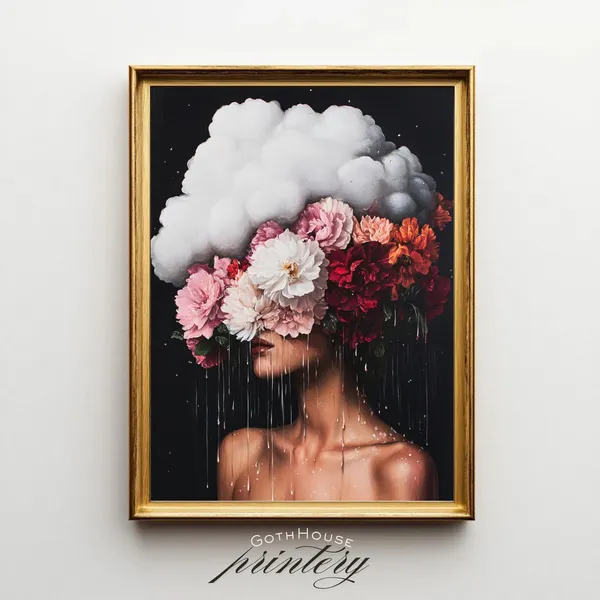 In Clouds Surreal Portrait, Maximalist Floral Art Print