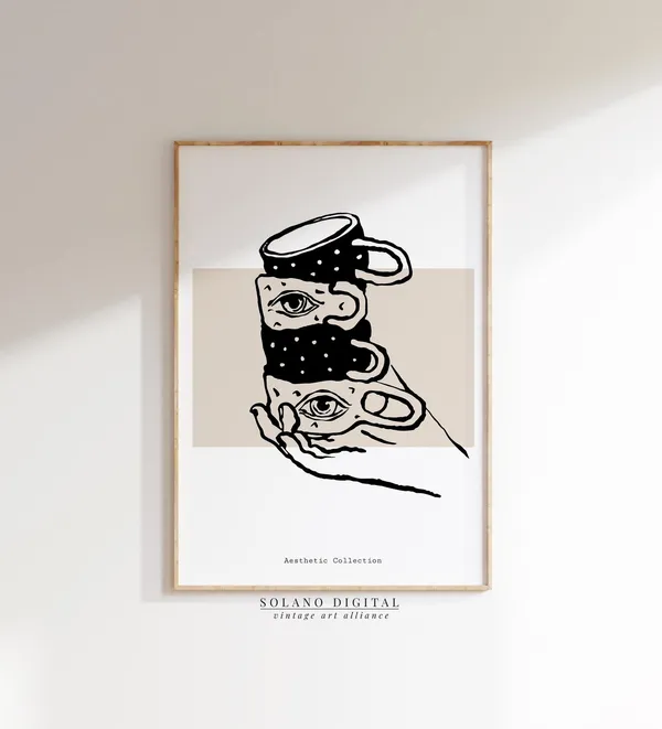 Surreal Coffee Mug Eye Illustration Line Art Print