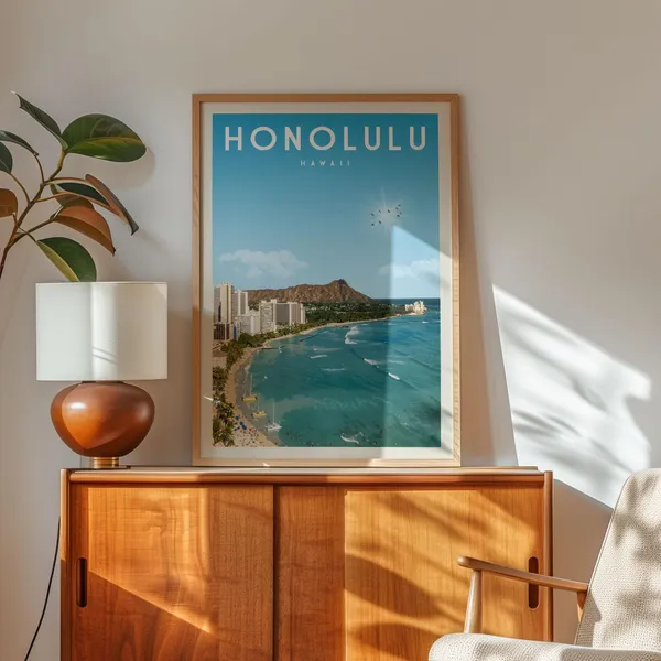 Honolulu Skyline Vintage Travel Poster, Hawaii