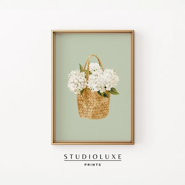 Hydrangea Basket Print, Coastal Floral Wall Art