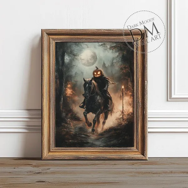 Headless Horseman Halloween Gothic Spooky Pumpkin Rider Art Print