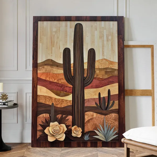Wood Inlay Cactus Wall Art, Southwestern Desert Landscape