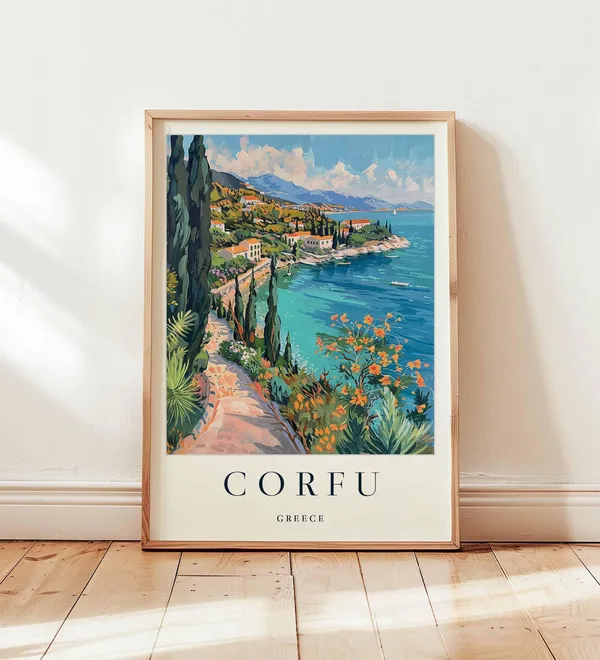 Corfu Greece Travel Poster, Ionian Island Beach