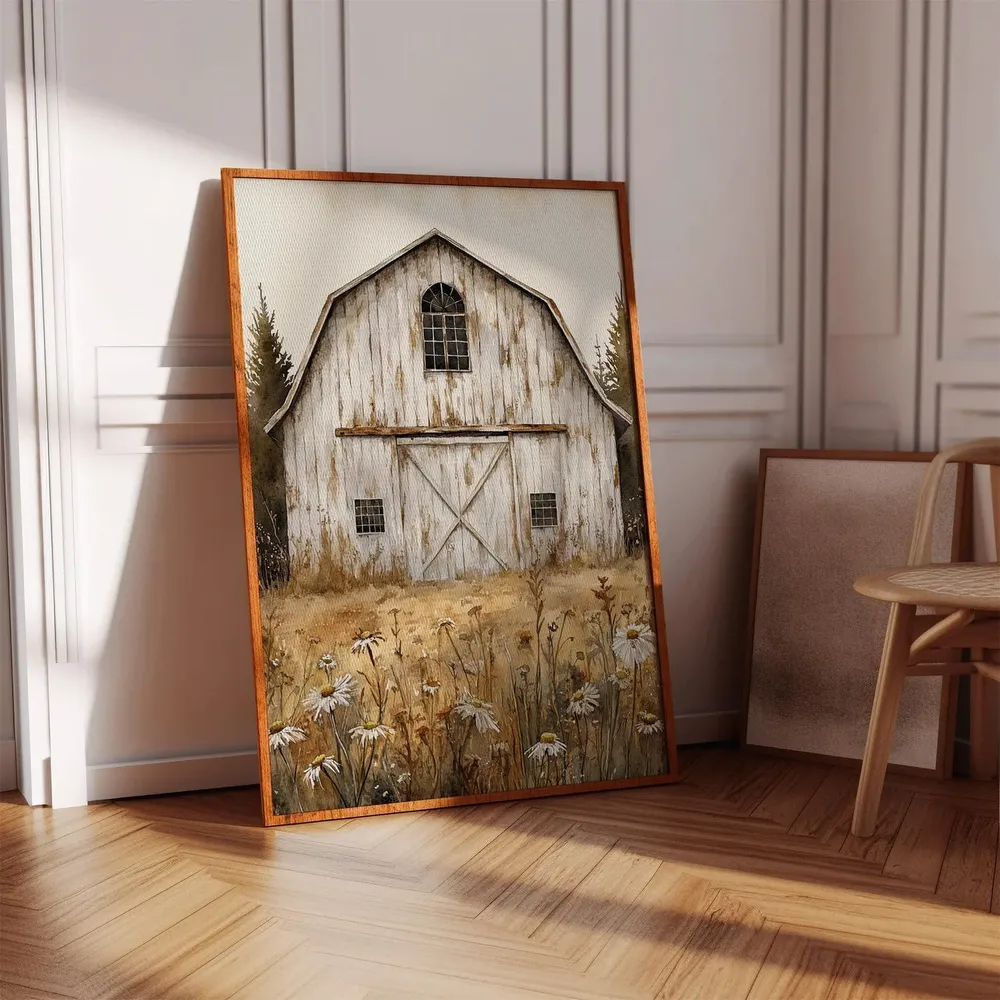 Rustic White Barn And Daisy Field, Vintage Farmhouse Art Print