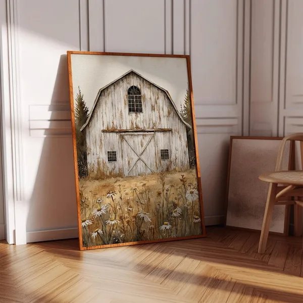 Rustic White Barn And Daisy Field, Vintage Farmhouse Art Print