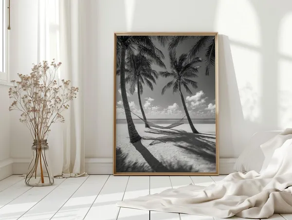 Black and White Tropical Hammock Beach Art Print